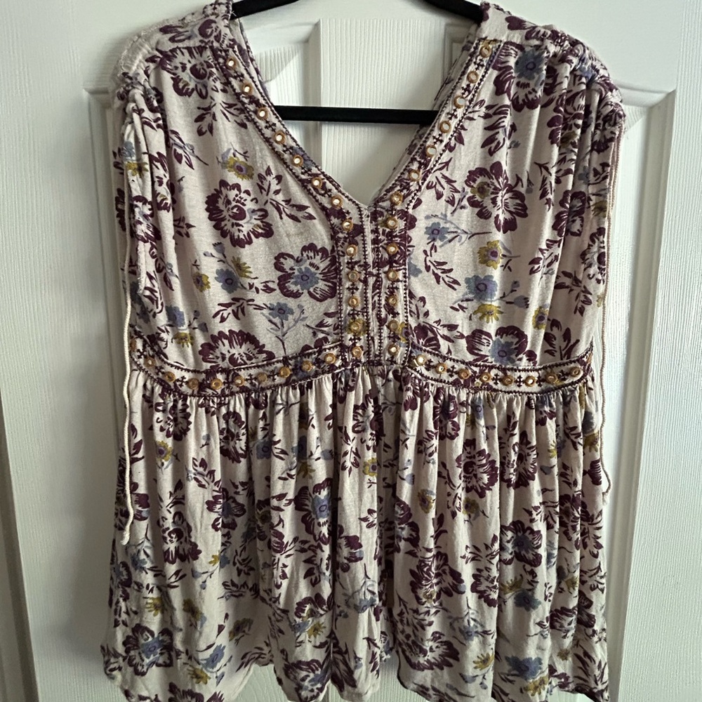 Free People Floral Embroidered Blouse - Cream and Purple